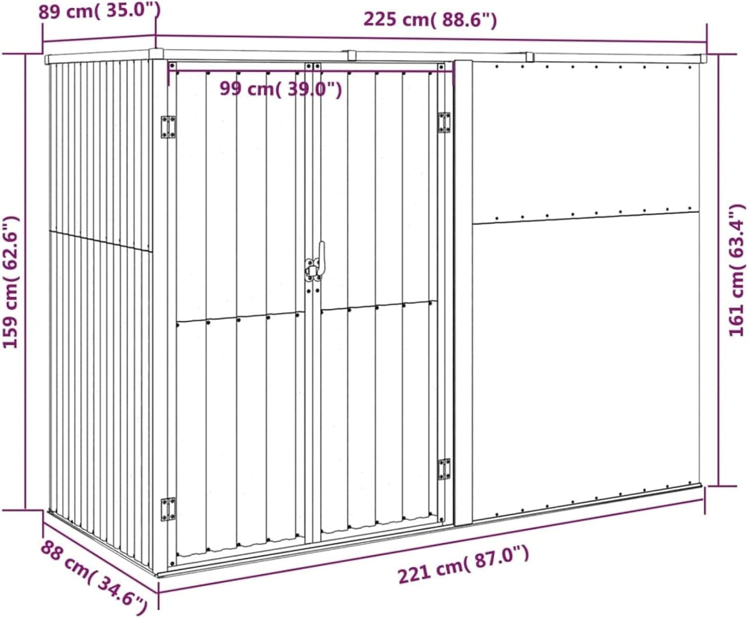 Outdoor Metal Garden Shed with Sloped Roof & Handle Brown 225x89x161cm Storage