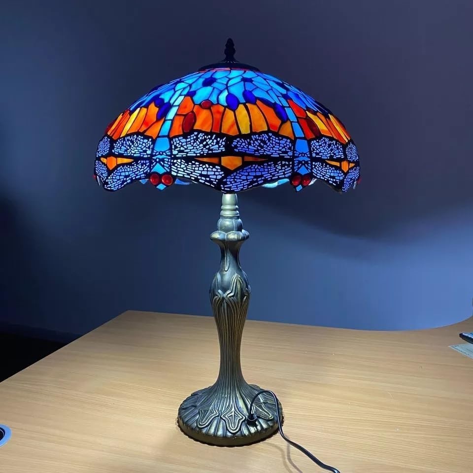 16" Tiffany Style Stained Glass Table Lamp Adjustable Brightness Brass Base
