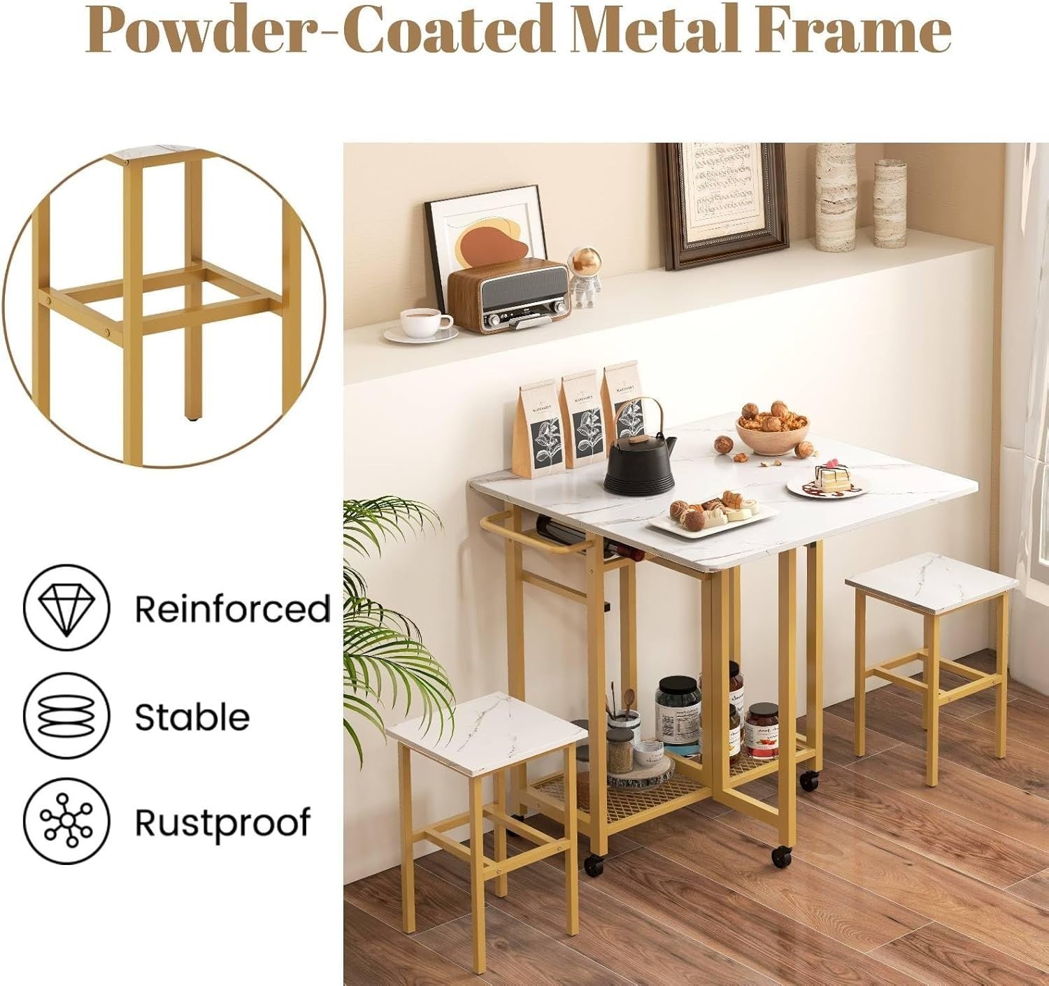 3-Piece Folding Dining Table & Stools Set White Golden with Wine Rack