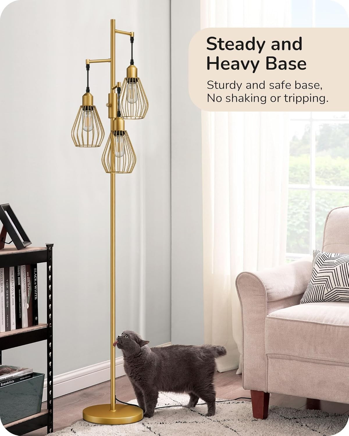 Dimmable Industrial Floor Lamp with Wire Cage Shades & 3 LED Bulbs Gold