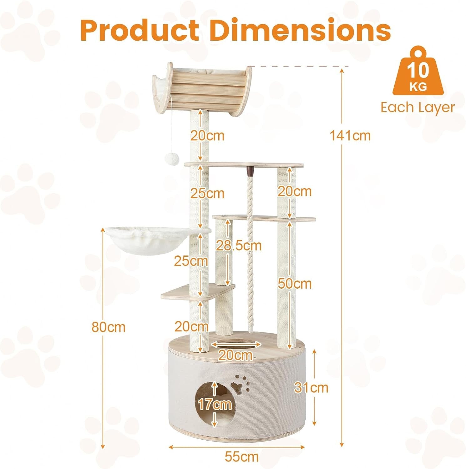 141cm Wooden Cat Tree Tower with Condo Scratching Posts Hammock Indoor
