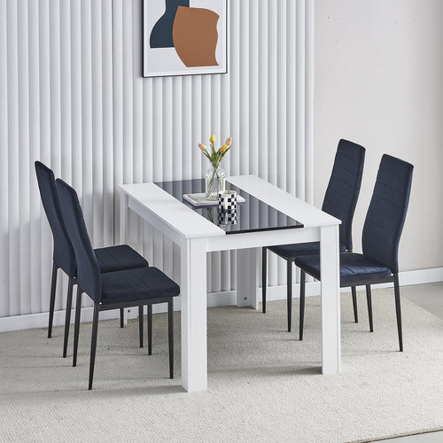 White 4-Seater Dining Table Set with Black Velvet Chairs | Compact & Stylish