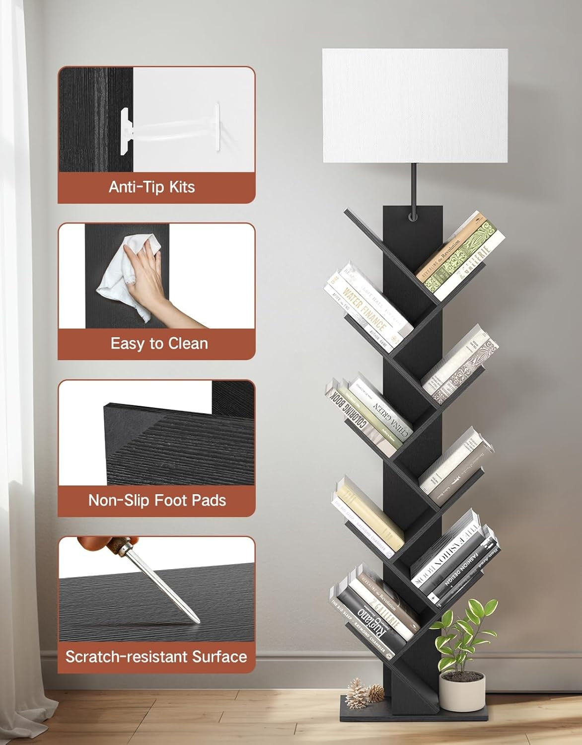 9 Tier Tree Bookshelf Floor Lamp with Light Remote Narrow Bookcase