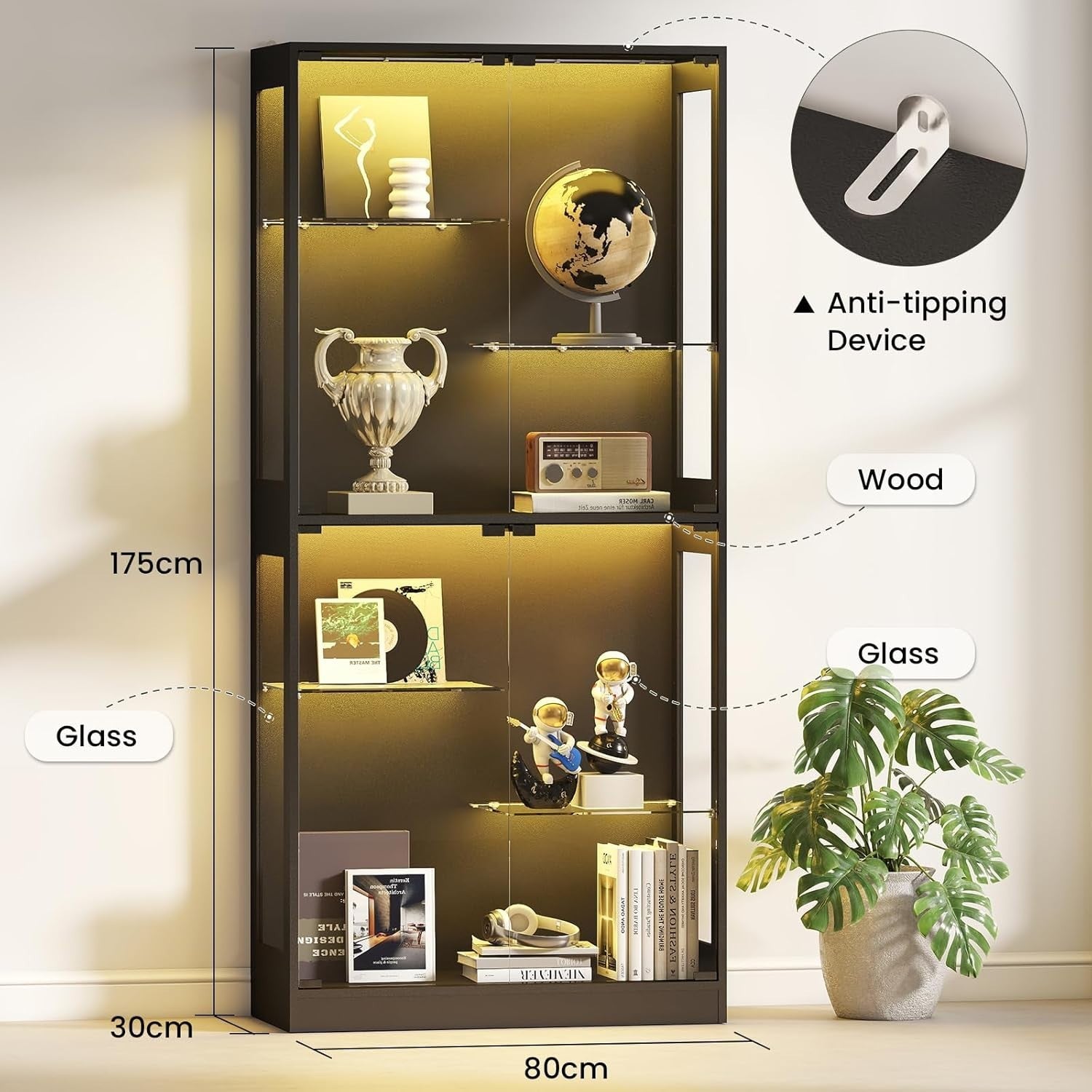 Glass Display Cabinet with RGB LED Lights Adjustable Shelves & Magnetic Doors