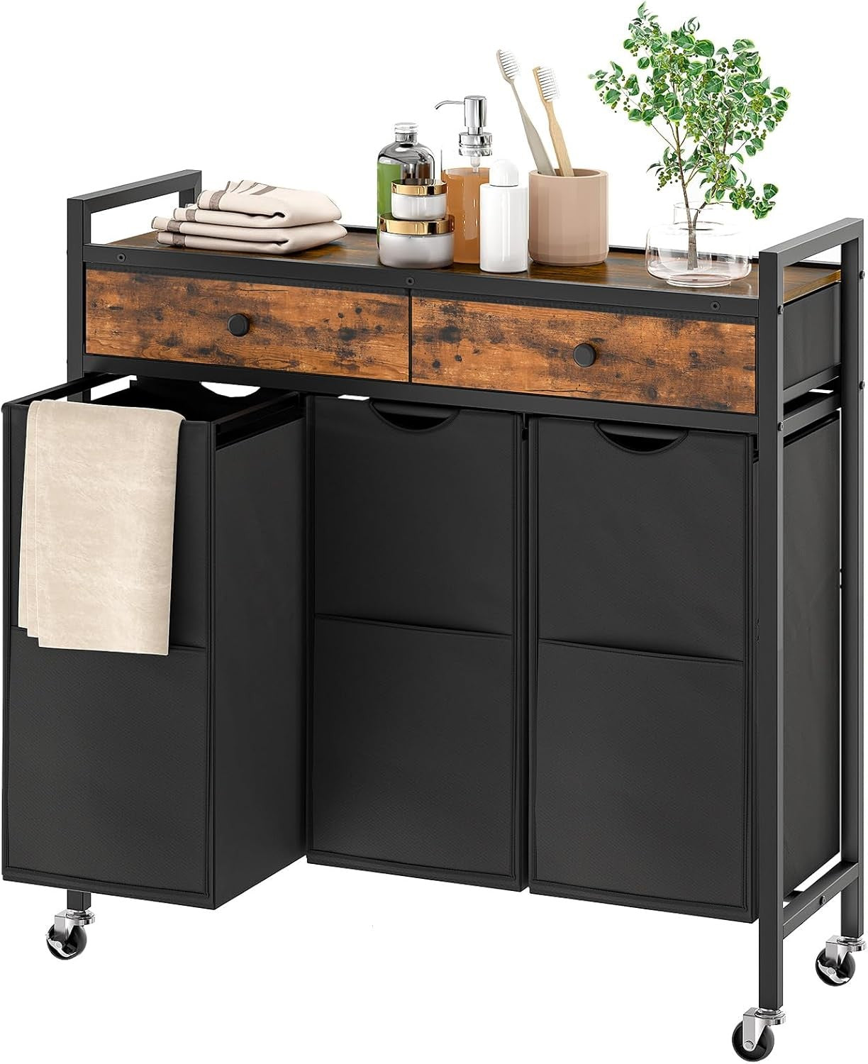 3 Compartment Laundry Sorter on Wheels Rustic Brown Black with Pull Out Bags