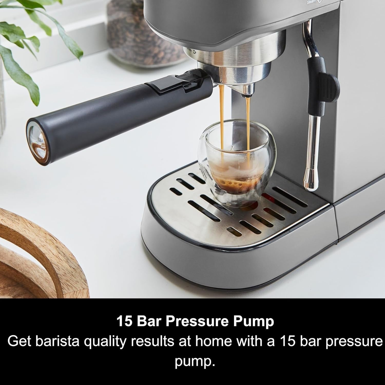 Compact Espresso Machine 15 Bar Pump, Dual Cup, Milk Frother, 1L Tank, Grey