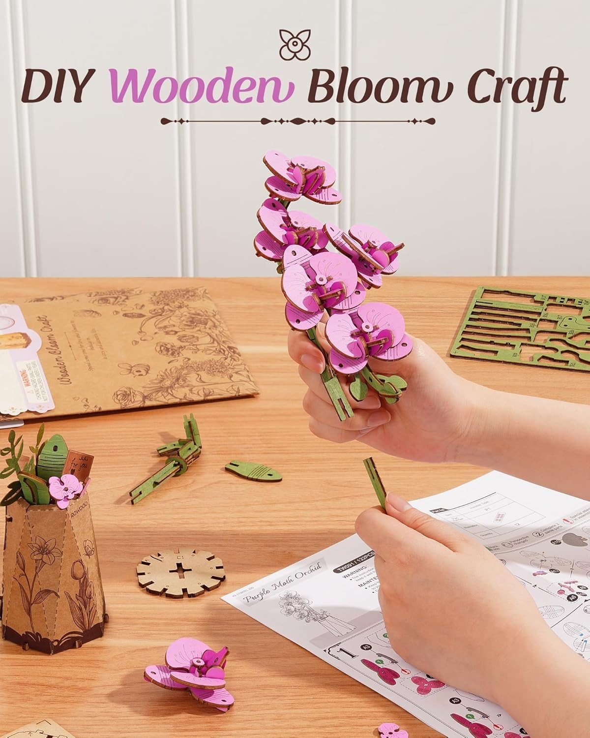 3D Wooden Orchid Puzzle DIY Kit – Elegant Purple Flower Home Decor Gift