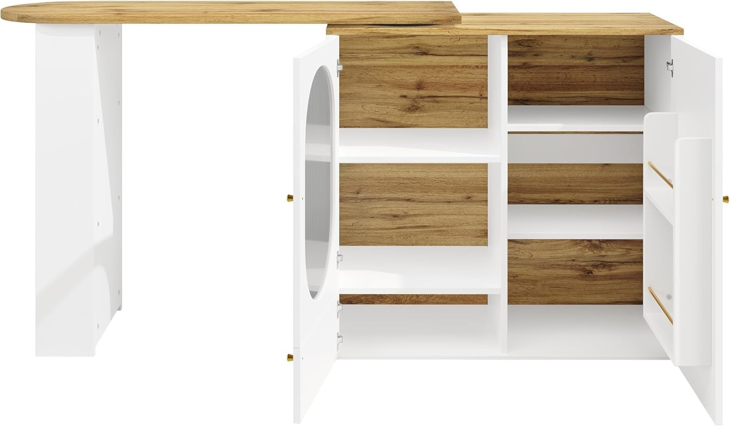 Modern Rotating Bar Table Kitchen Island with Storage & Display Shelves – White