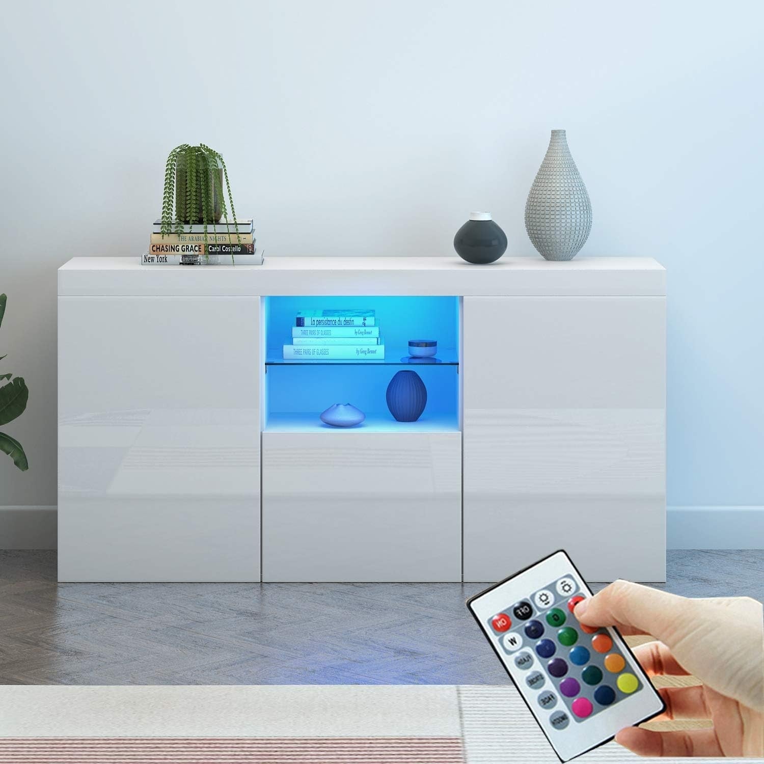 High Gloss White Sideboard Cabinet with LED Lights 3 Doors Storage Unit
