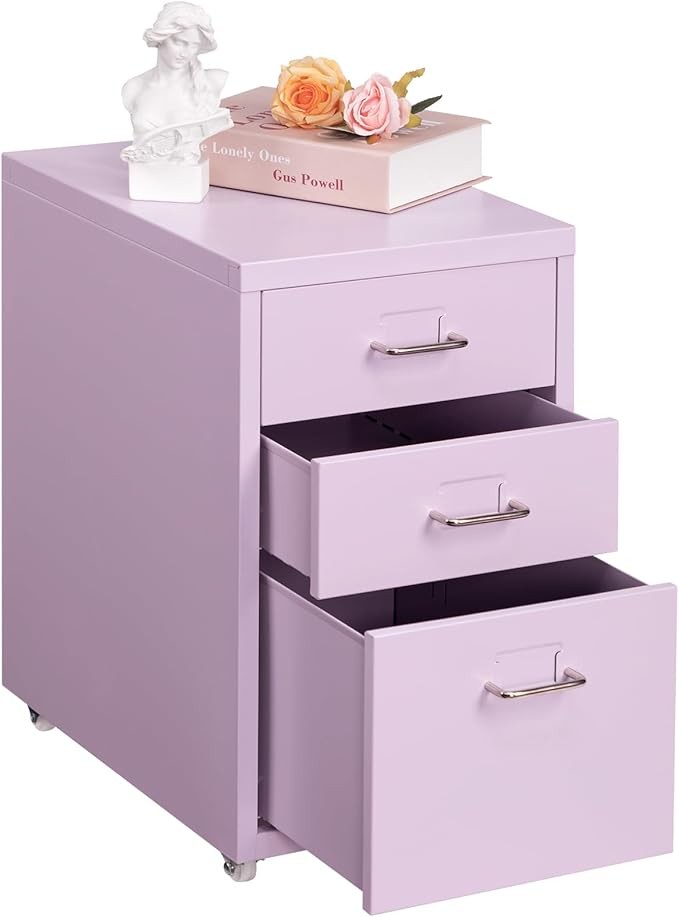 3 Drawer Metal File Cabinet with Wheels, Under Desk Office Storage Unit, Rolling