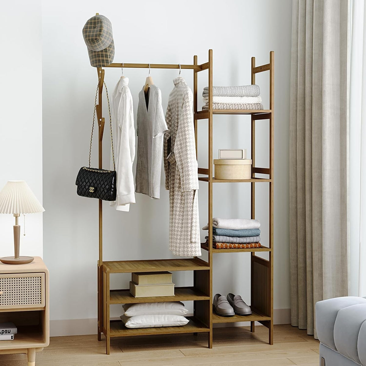 Bamboo Clothes Rail with 6 Shelves & Hooks, Tea Wardrobe