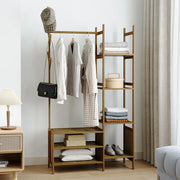 Bamboo Clothes Rail with 6 Shelves & Hooks, Tea Wardrobe