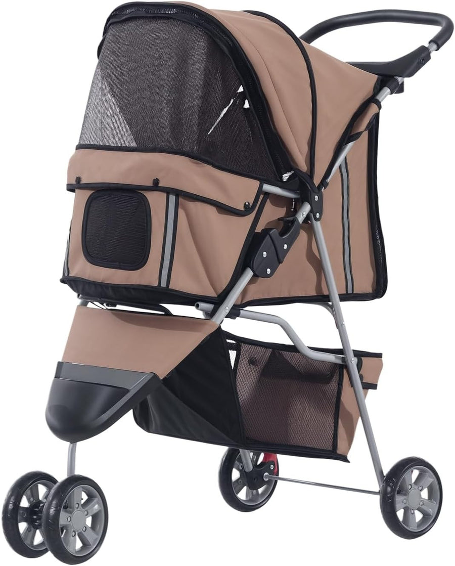 Dog Stroller Foldable 3-Wheel Pet Pram Small Dogs Cats Brown Lightweight