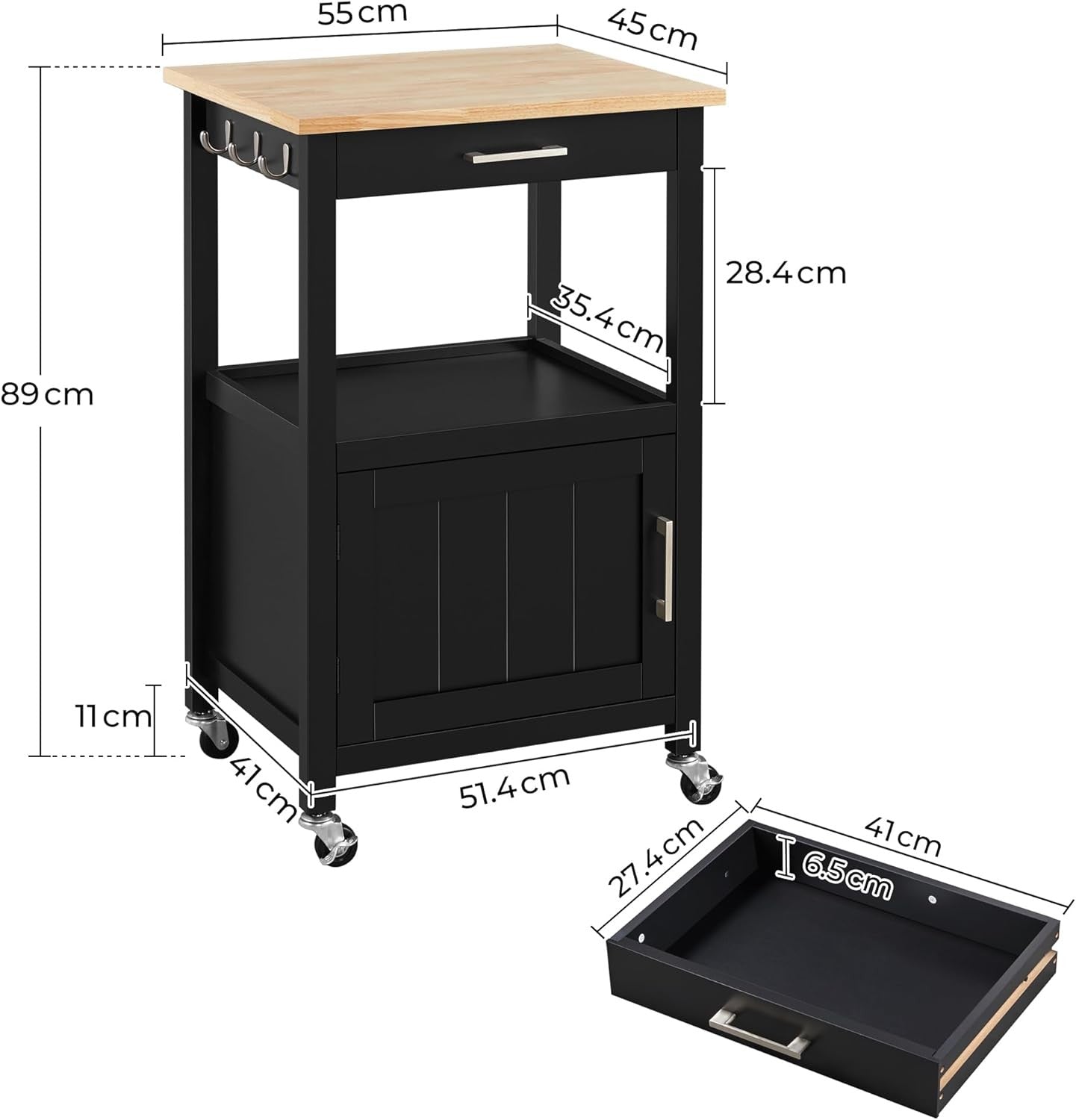 Kitchen Island Trolley on Wheels with Cabinet Drawer Hooks Rolling Utility Cart