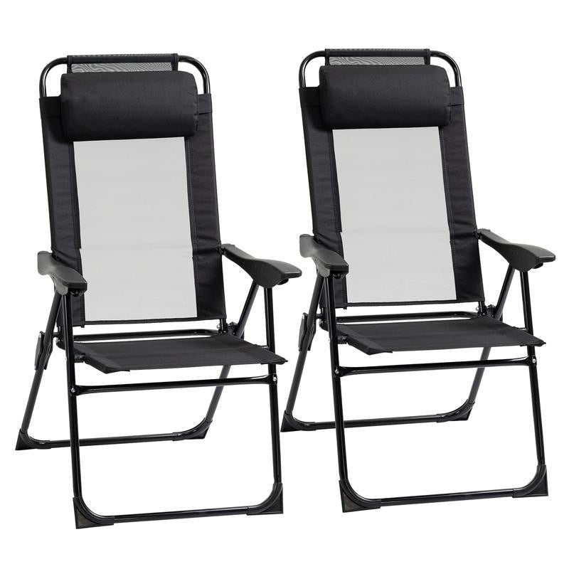 Set of 2 Folding Recliner Patio Chairs Adjustable Mesh Outdoor Loungers Black