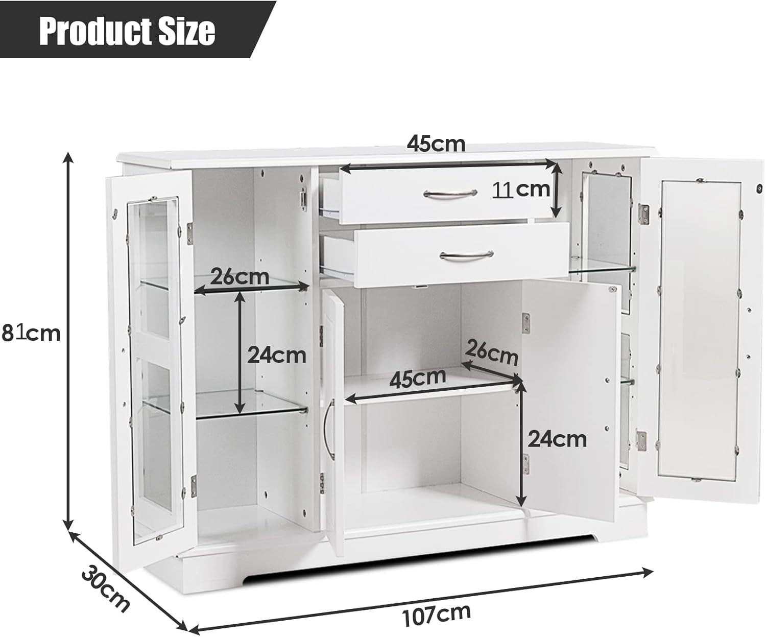 White  Sideboard Buffet Cabinet Glass Doors Storage Unit with Drawers