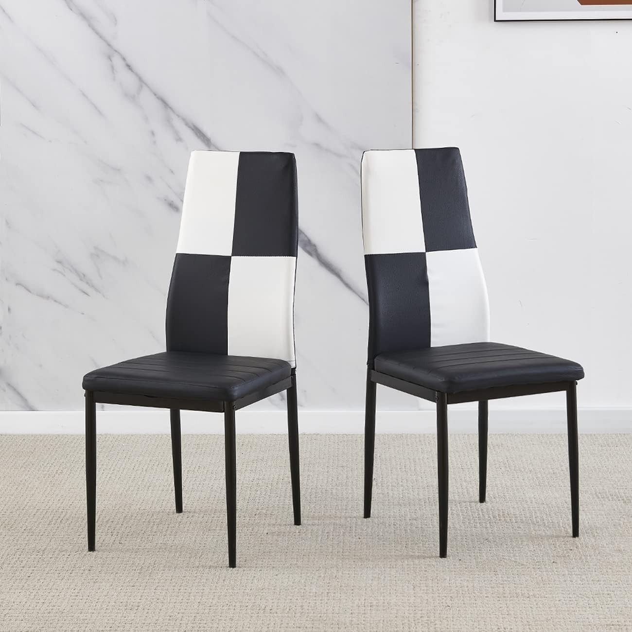 White Dining Table Set + 4 Checked Leather Chairs | Compact Home Kitchen