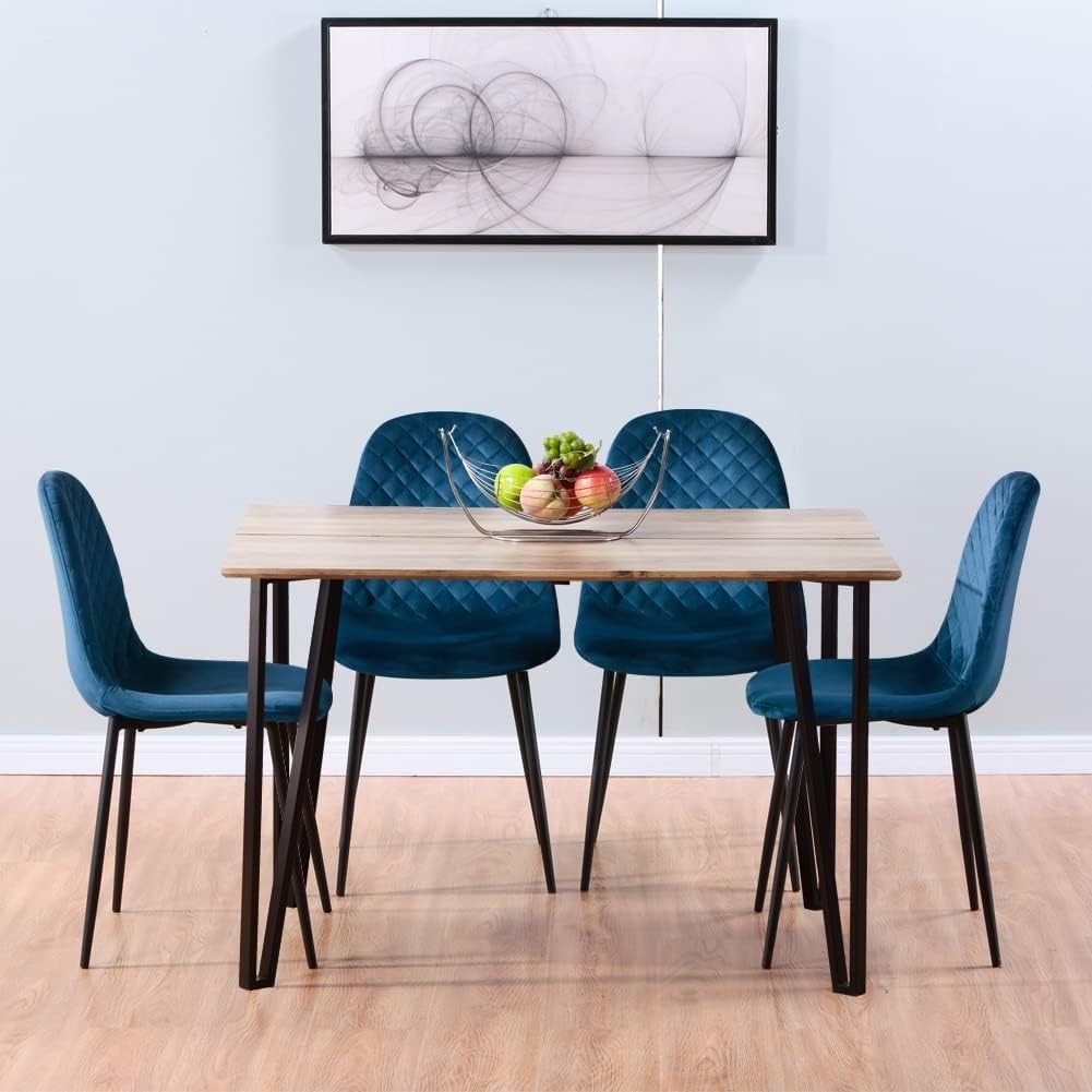 Modern Solid Wood Dining Table Set 4 Velvet Chairs Rectangular Kitchen