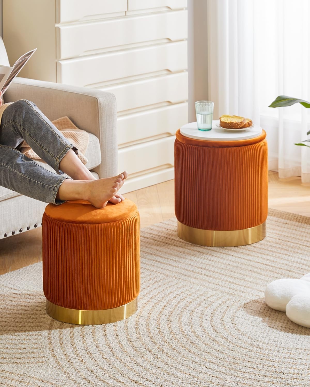 Set of 2 Velvet Storage Ottomans – Round Boucle Footstools & Side Tables Orange