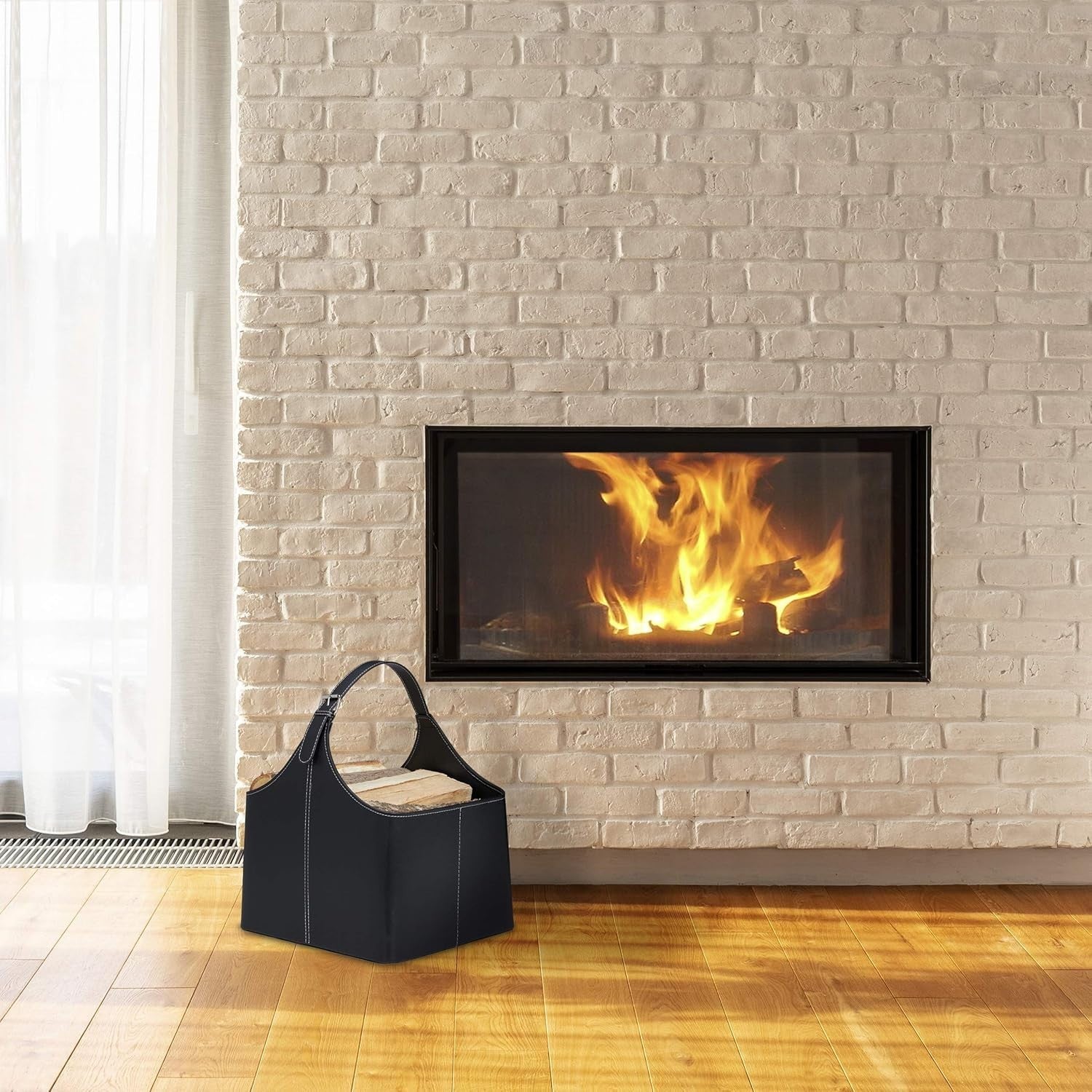 Firewood Storage Basket with Handle, Leather Look Log Bin, Indoor Use