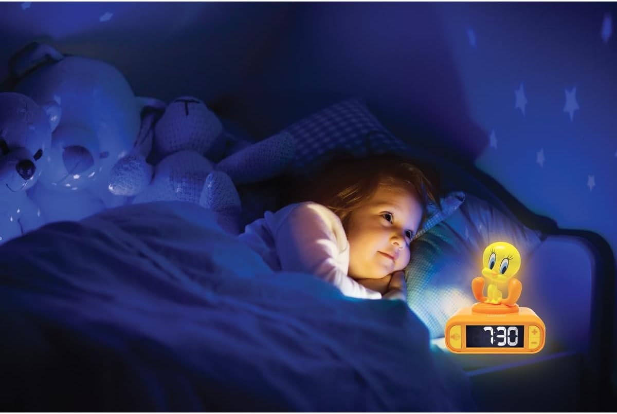 Kids Yellow Night Light Alarm Clock LCD Snooze Sounds Bedside Clock