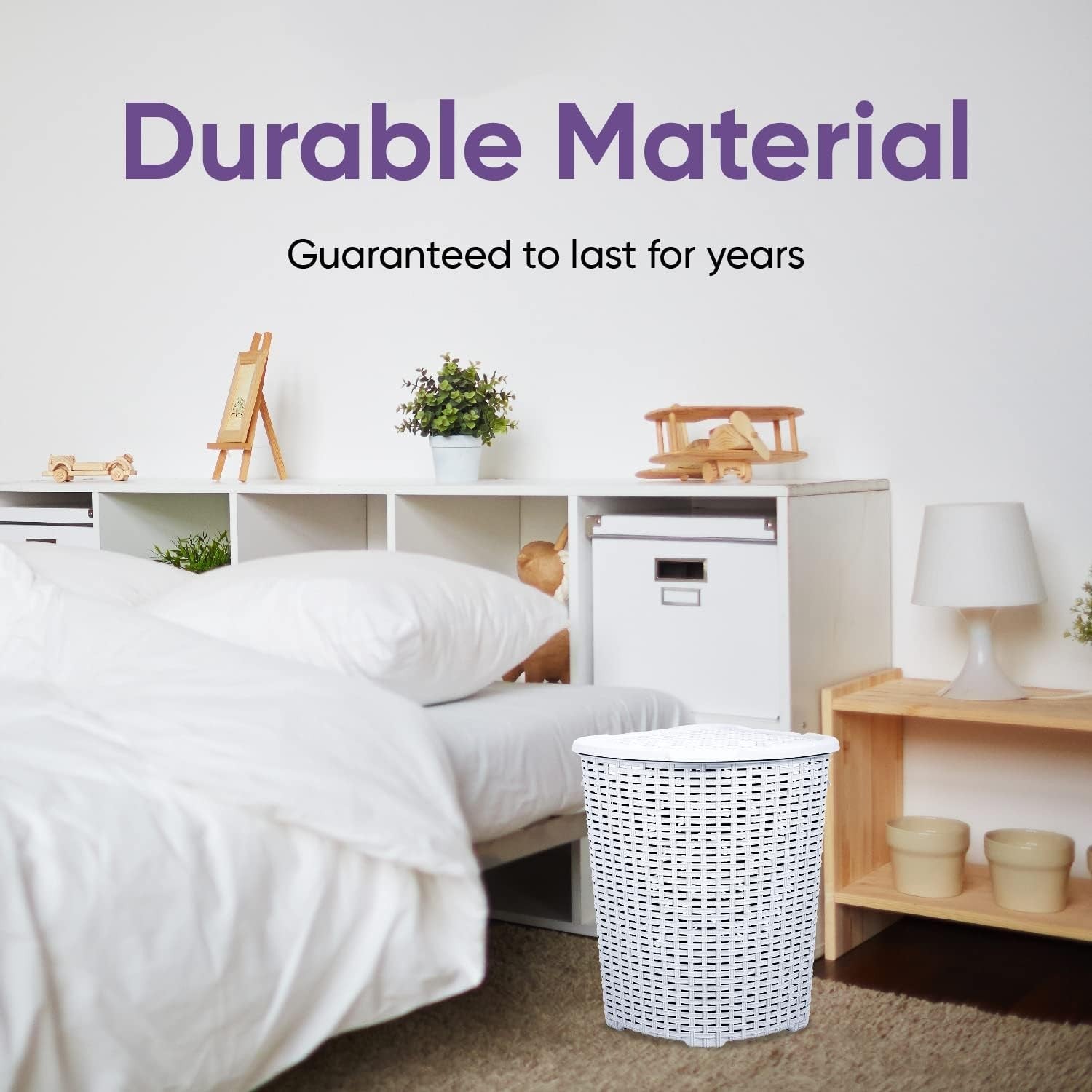 2 Pack Corner Laundry Hampers 50L White Wicker Baskets w/ Lids Space Saving