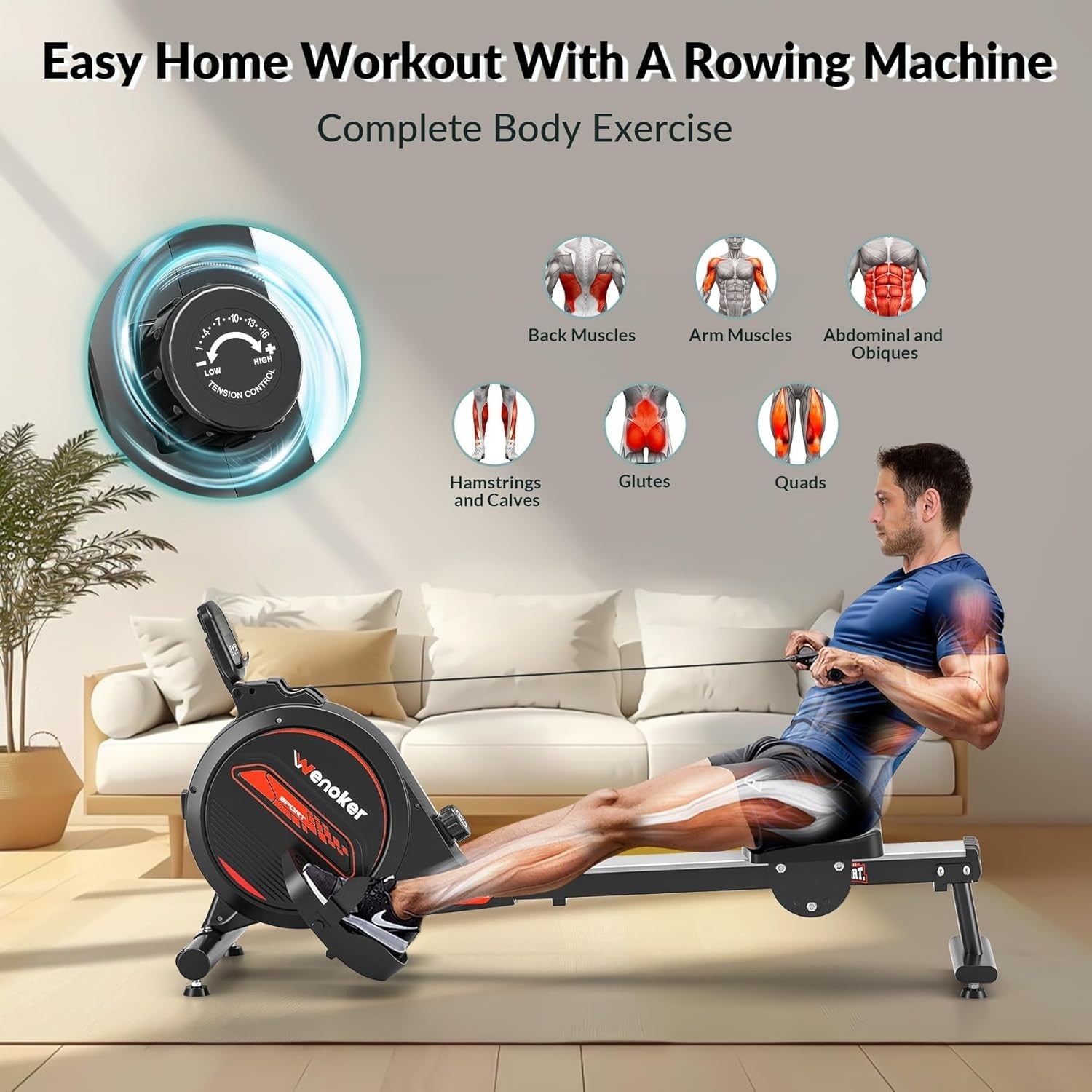 Magnetic Rowing Machine 16-Level Quiet Foldable Rower 350lb Capacity App