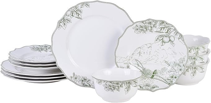 12pc White Green Porcelain Dinnerware Set Floral Plates Bowls Service for 4
