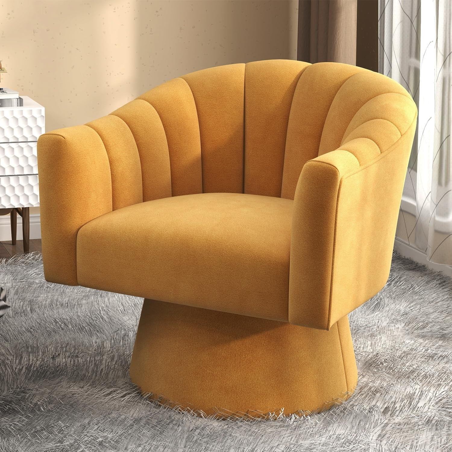 Mustard Velvet Swivel Accent Chair 360° Barrel Lounge Armchair