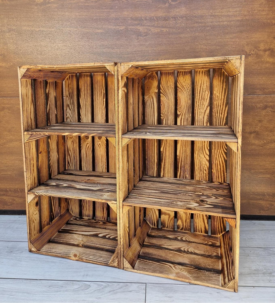 2 x Burnt Effect Wooden Crate with 2-Tier Shelf 40x30x75cm Rustic