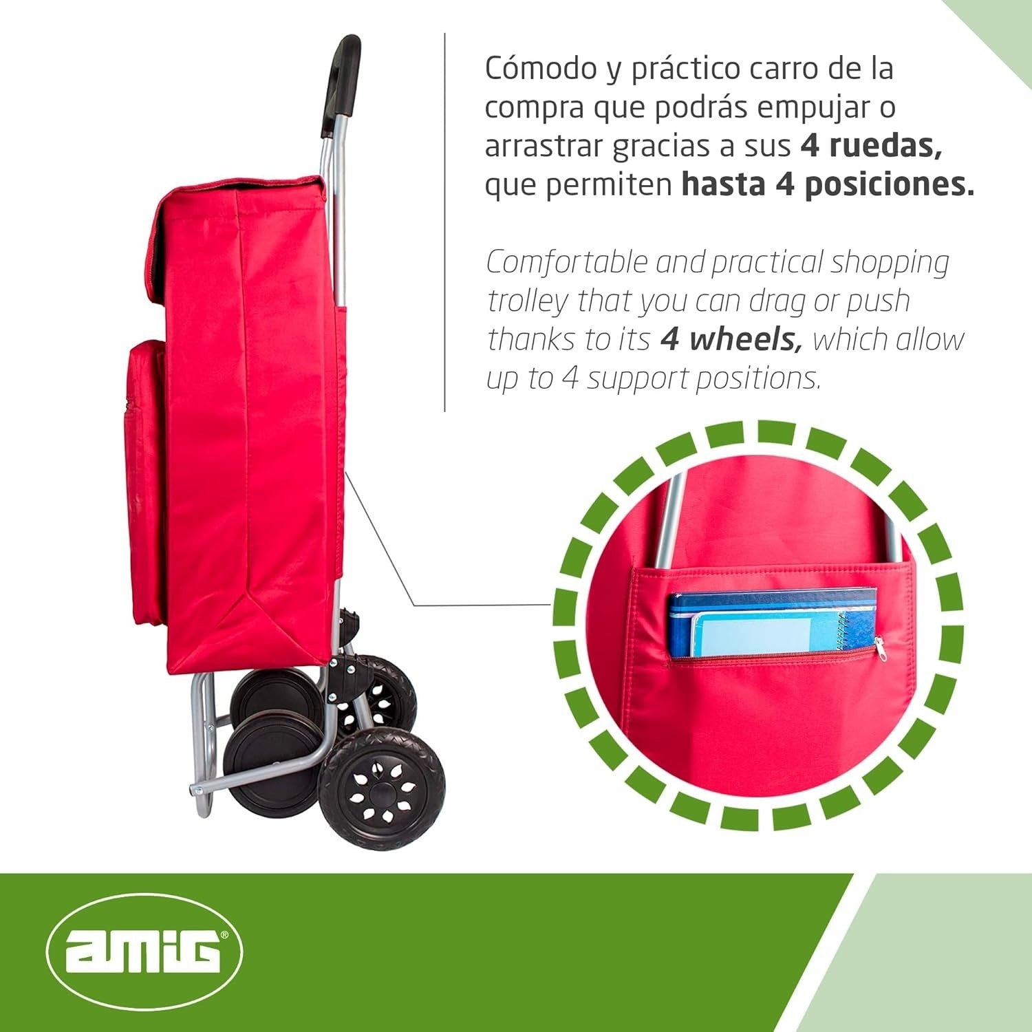 Red 4-Wheel Lightweight Shopping Trolley 48L Large Capacity Freezer Pocket