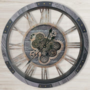 30" Rustic Wall Clock Moving Gears Wood Metal Glass Steampunk Decor