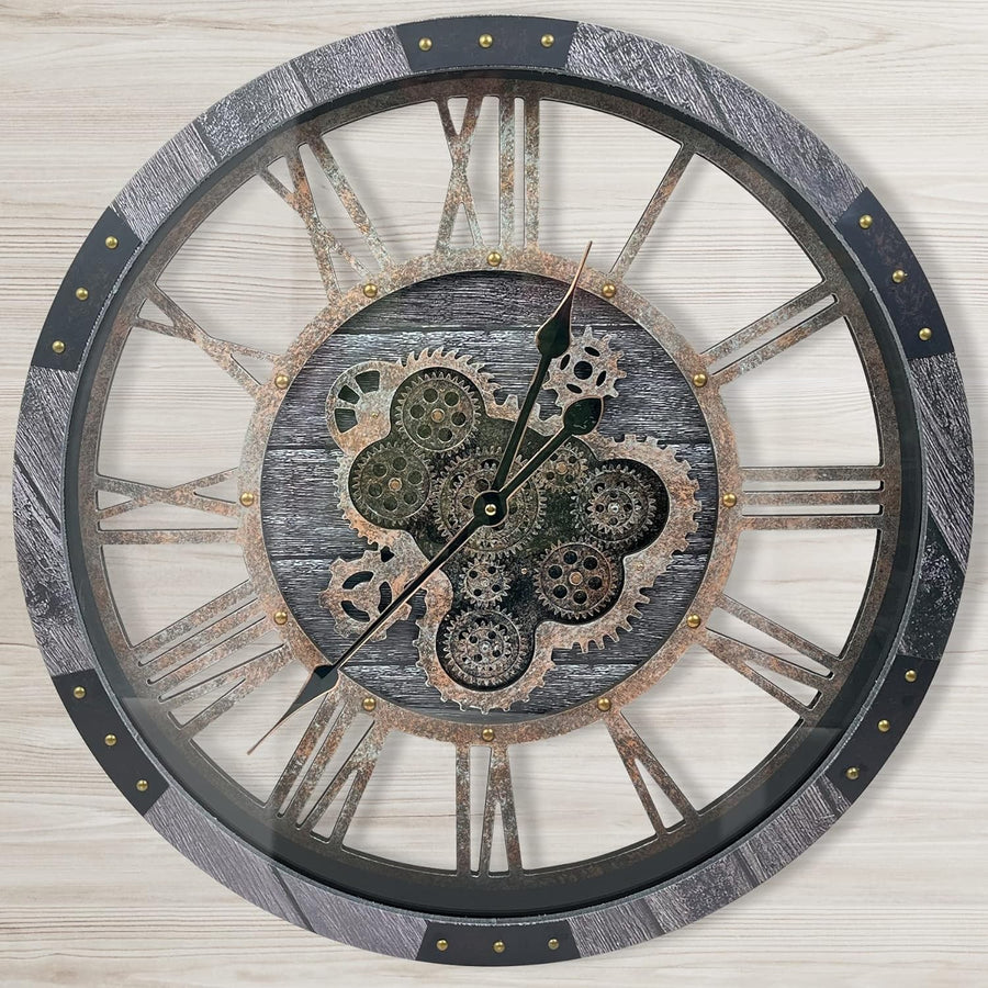 30" Rustic Wall Clock Moving Gears Wood Metal Glass Steampunk Decor