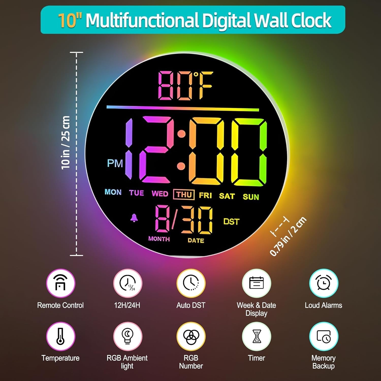 White 10" RGB Digital Wall Clock LED Large Display Remote Temperature