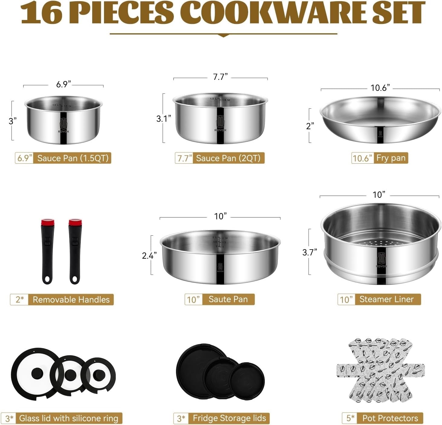 16Pcs Stainless Steel Stackable Cookware Set with Detachable Handles