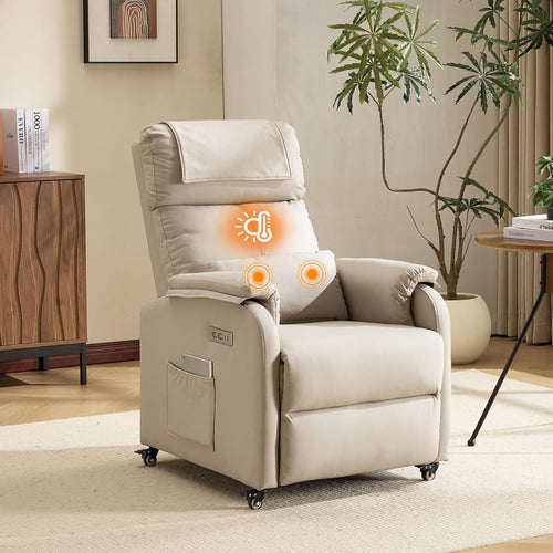 Electric Recliner Chair w/ Wheels Massage Heat Back Footrest Leather Pearl Grey