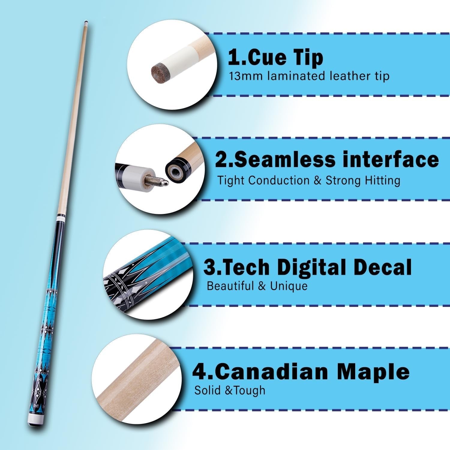 58” Maple Billiard Cue Stick 13mm Tip 2 Piece Pool Cue