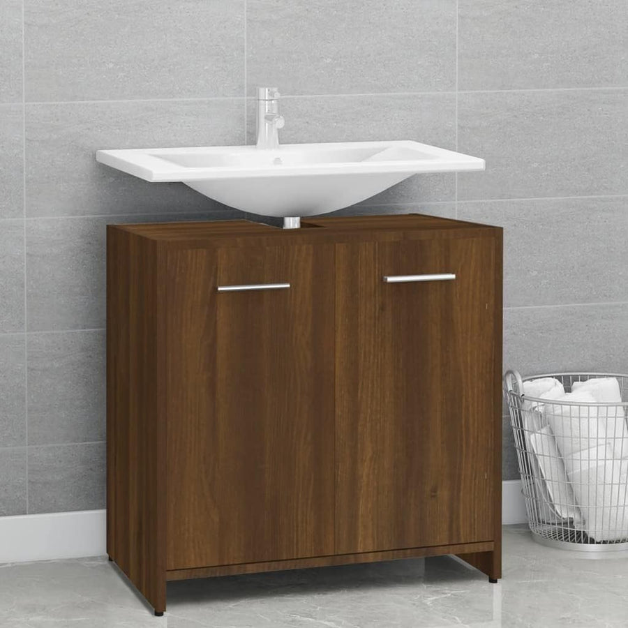 Rustic Brown Oak Under Sink Bathroom Cabinet – 2 Door Storage Cupboard 60cm Unit