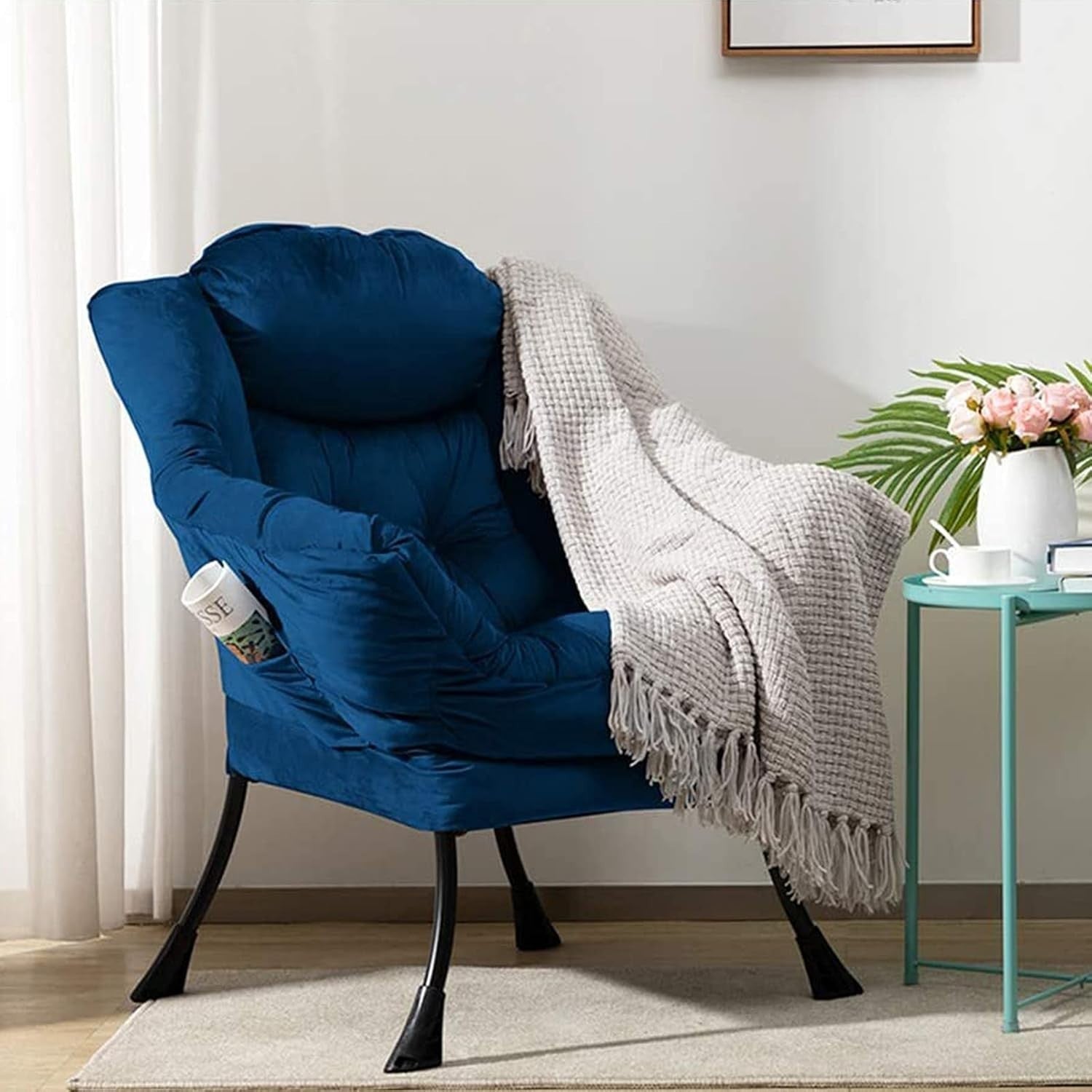 Velvet Dark  Blue  Armchair Living Room Bedroom Lounge Chair Comfy Relax Seat