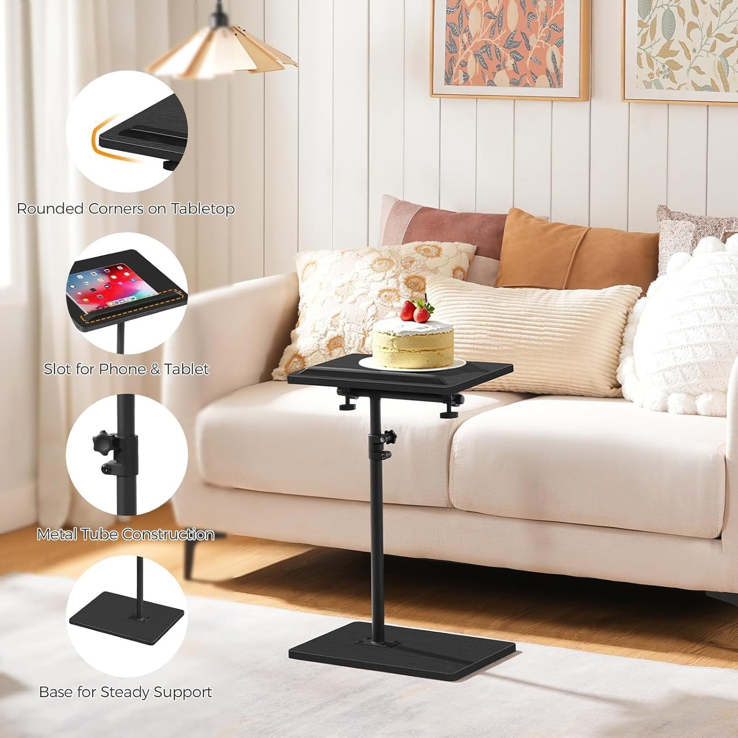 Adjustable 360° Rotating C-Shaped Side Table with Tilt Top & Device Slot