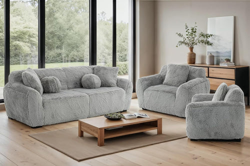 Grey 5 Seater Fluffy Sofa Set Deep Plush Cushions Comfy Lounge Suite