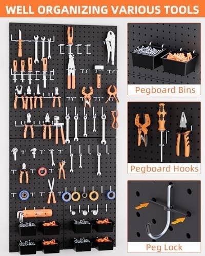 Metal Pegboard Wall Organizer Kit 48x24 Inch 158pcs Hooks Black