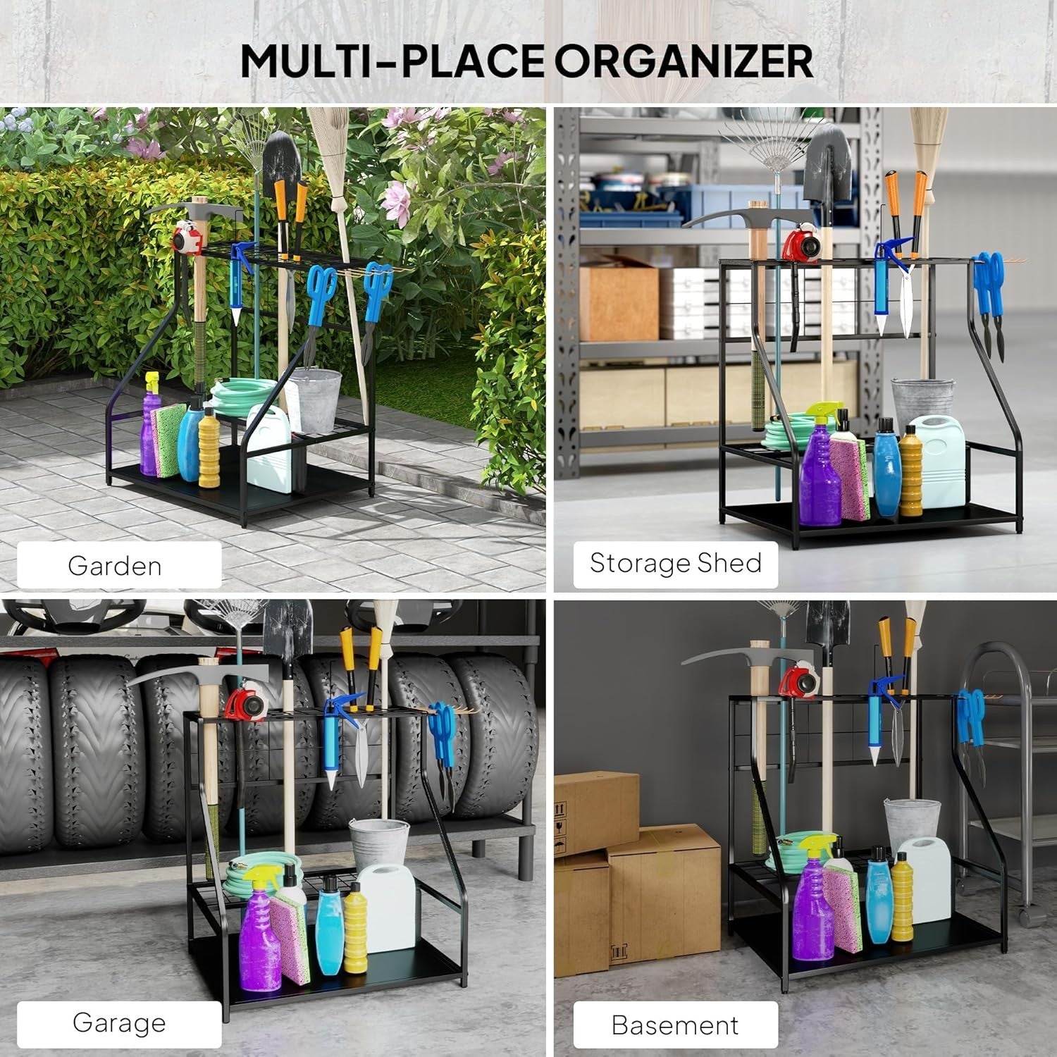 3-Tier Garden Tool Rack 11 Hooks Corner Shed Organizer Black Metal