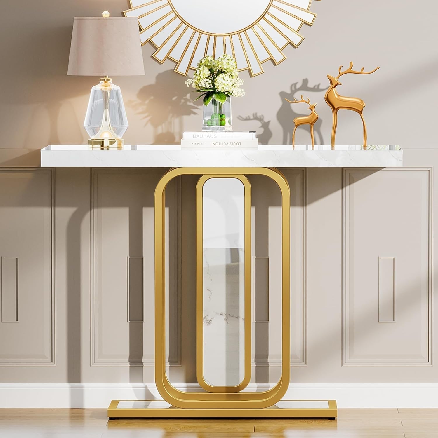 Modern White & Gold Console Table 41.3" Entryway, Faux Marble, Sturdy Metal Legs