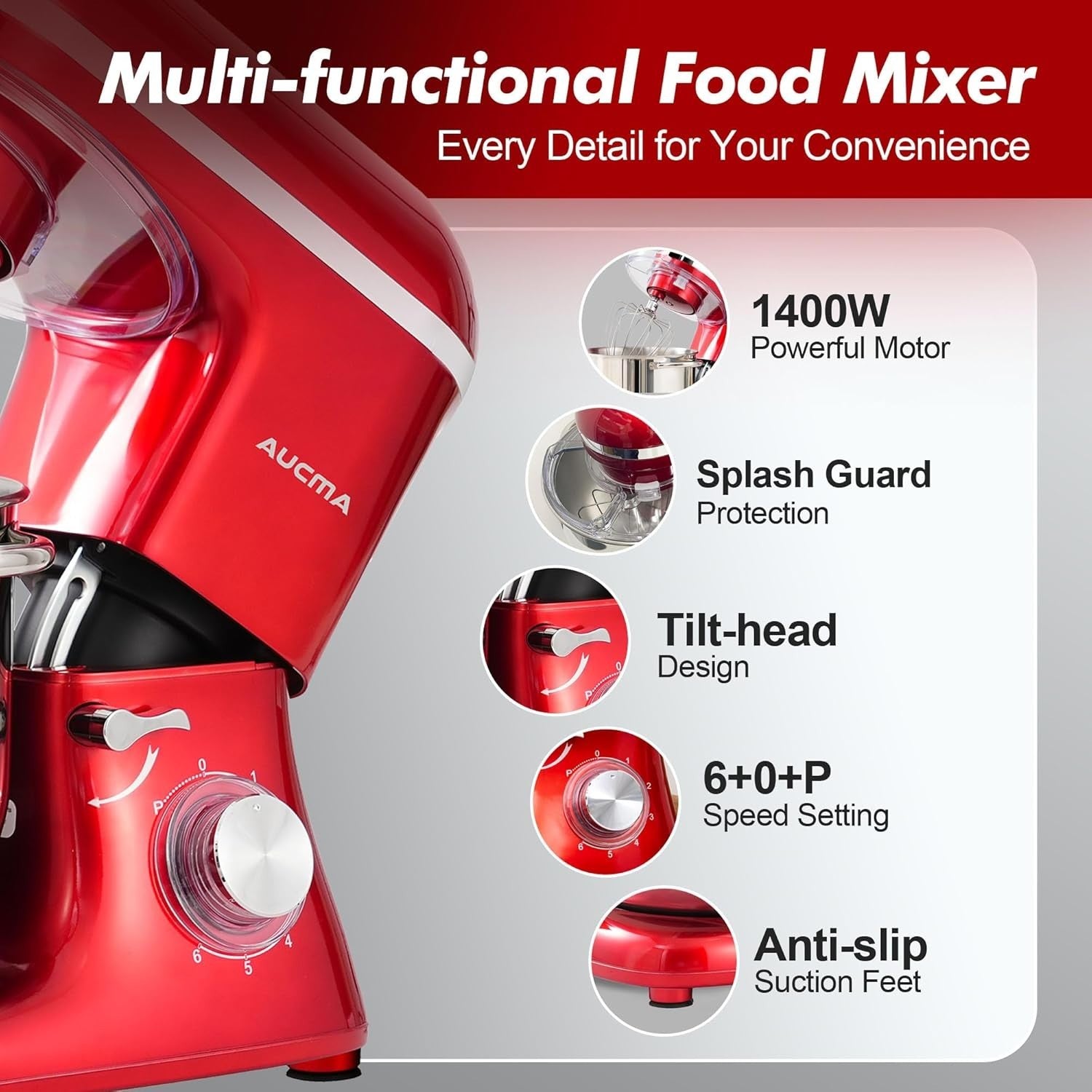 7.5L Large Capacity Stand Mixer 1400W 6 Speeds Stainless Steel Bowl & Hook