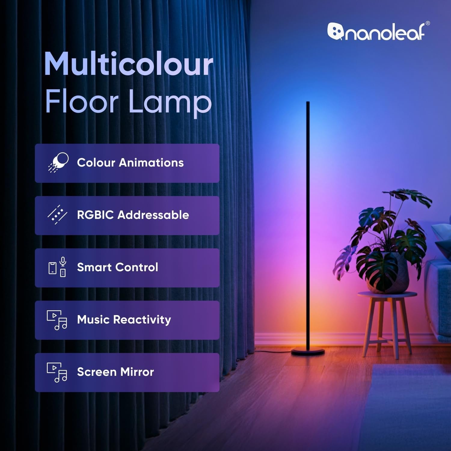 Smart RGBIC Floor Lamp Music Sync App Voice Control LED Corner Light