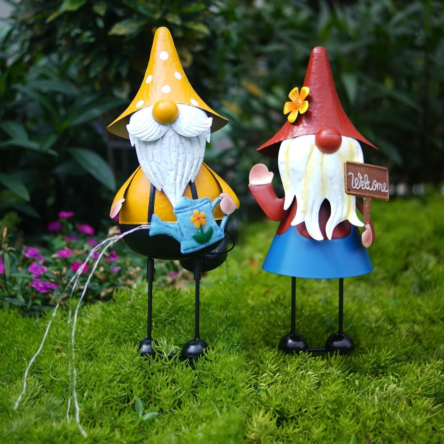 Solar Gnome Garden Ornaments Set of 2 Metal 18" Outdoor LED Watering Can Statues