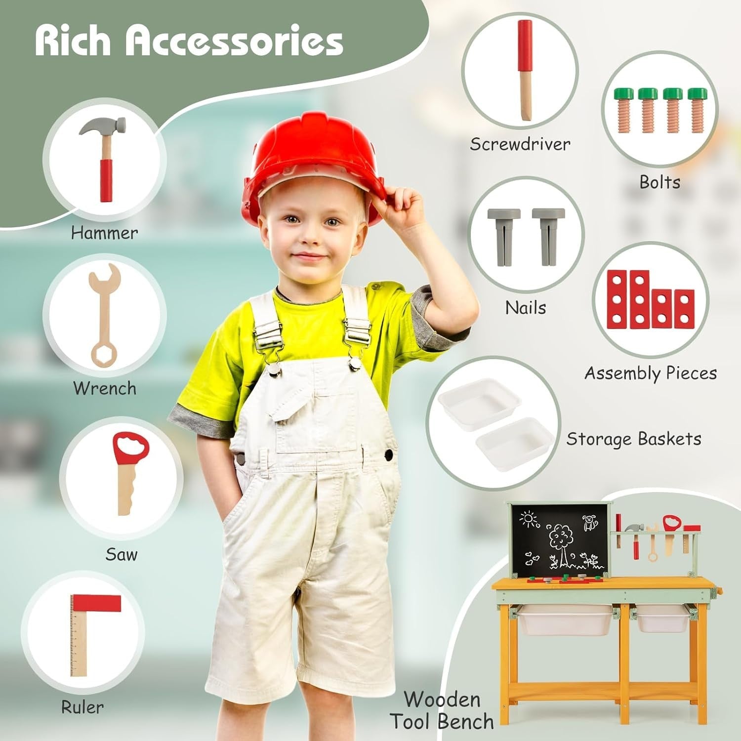 Wooden Kids Workbench Tool Set w/ Chalkboard Baskets Storage Pretend Play