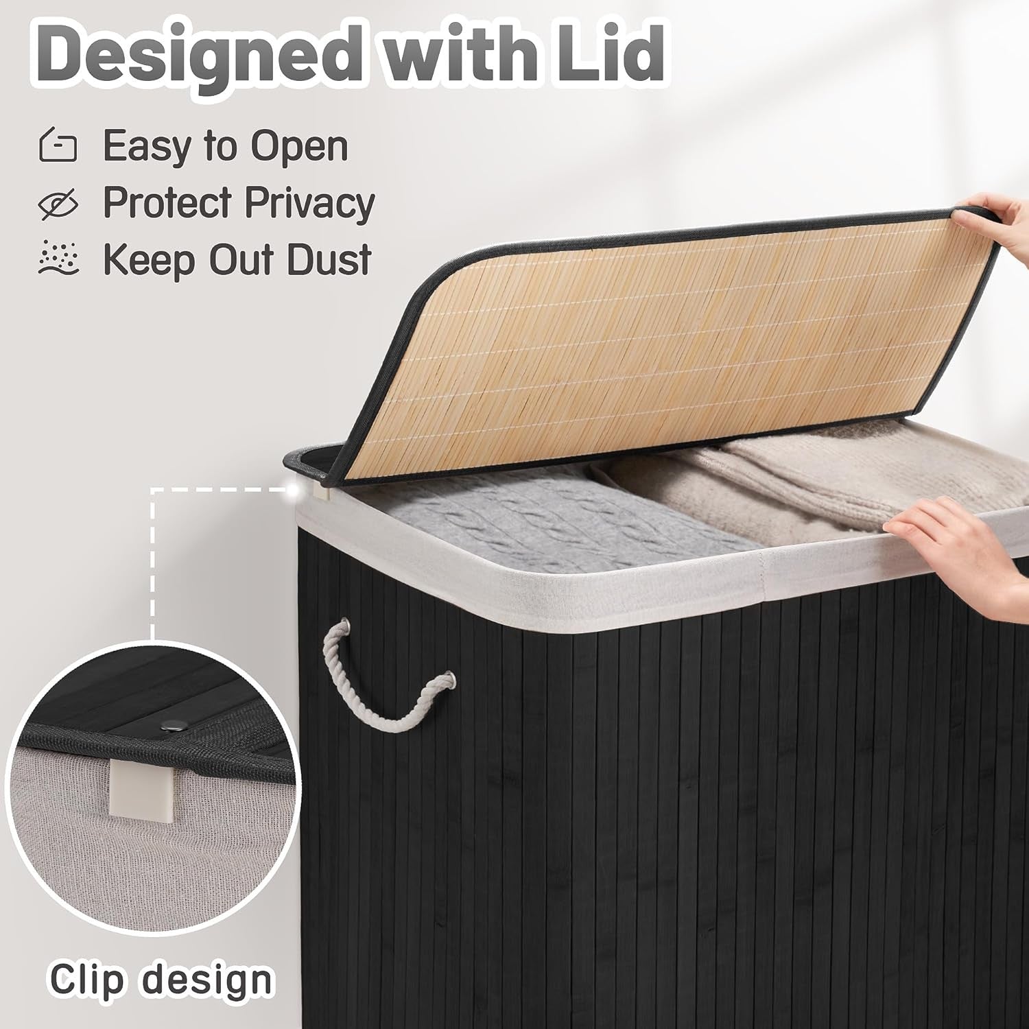 100L Bamboo Laundry Hamper with Lid 2-Section Foldable Clothes Basket Black