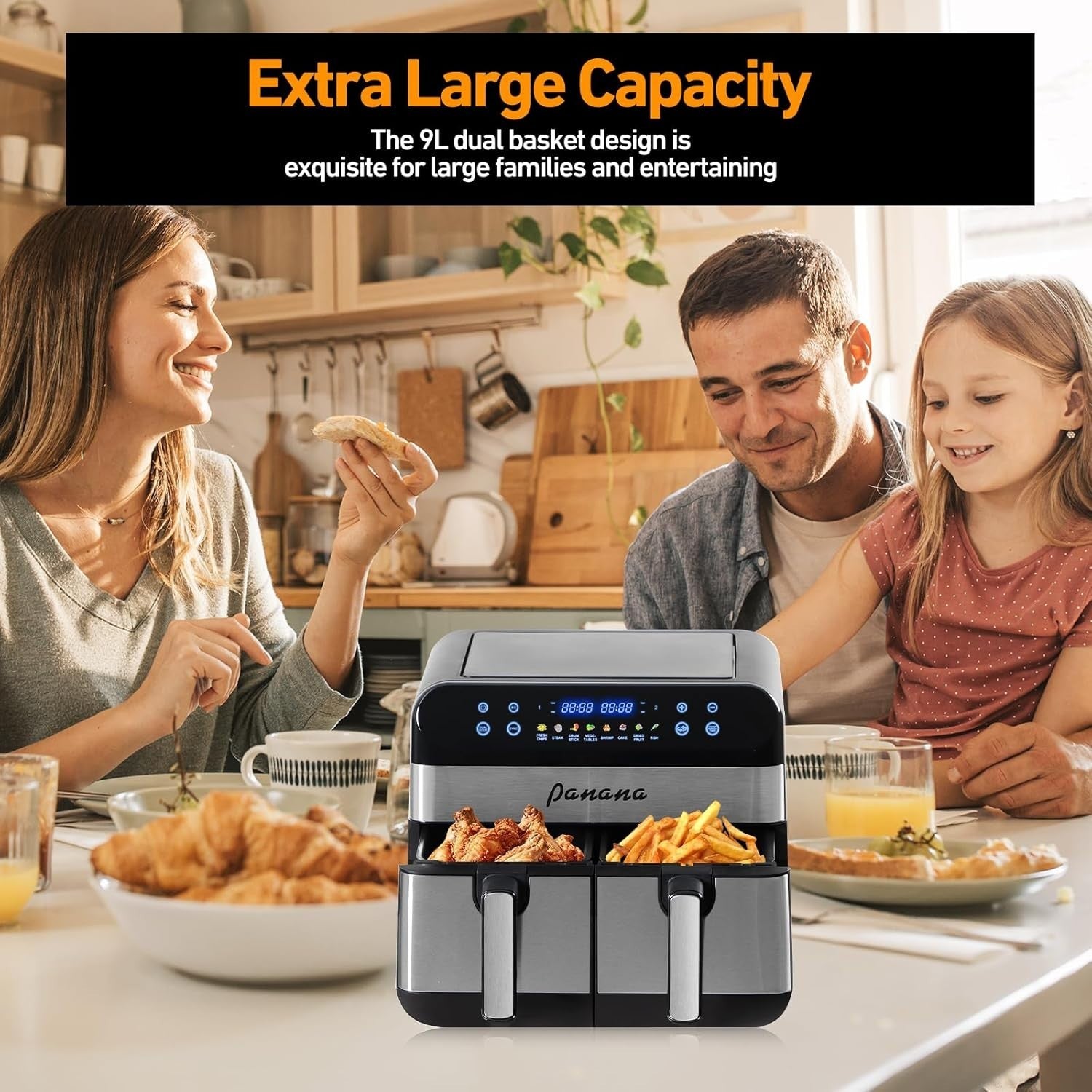 Dual Basket Air Fryer 9L 2400W Sync Cook 8 Presets Oil Free Touch Menu